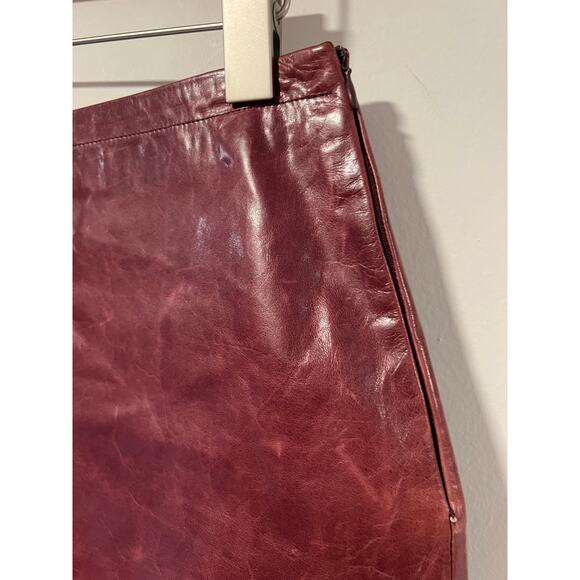 Banana Republic Burgundy Leather Skirt Knee Length Lined w Tie Belt Size 4 JL - Picture 5 of 11